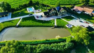 an aerial view of a house with a lake at Casa Sofia Avrig in Avrig