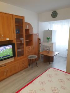 a living room with a television and a table at Dream Studio Airport & Mall Craiova in Craiova