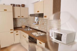 a kitchen with a microwave oven and a sink at Landhaus Kauderer - Wohnung 1 in Waging am See