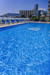 a large swimming pool with blue chairs in a city at Port Europa in Calpe