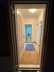 einen Flur mit offener Tür mit blauem Teppich in der Unterkunft Apartman Tiki R Vrnjacka Banja in Vrnjačka Banja