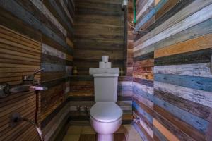 a bathroom with a toilet and wooden walls at Dream Catcher in Dahab
