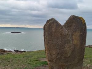 a rock sitting on top of a field next to the ocean at Hôtel Ker-Noyal Quiberon Plage in Quiberon