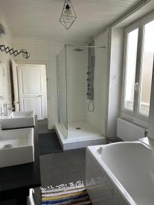 a bathroom with a shower and a sink and a tub at Maison familiale-jardin-50m du Loing-tout à pieds in Moret-sur-Loing +29 photos