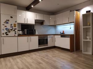 a large kitchen with white cabinets and appliances at Rheinblickhouse in Beuggen