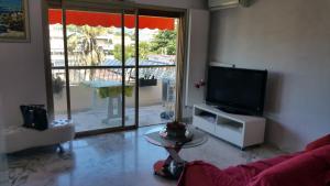 salon z kanapą i telewizorem oraz balkonem w obiekcie Moderne Appartement Cannes Californie w Cannes