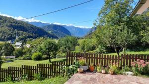 a fence with potted plants and mountains in the background at Cottage Stela Bohinj in Bohinj