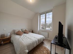 a bedroom with a bed and a television in it at Le Petit Victor in Tavaux