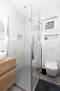 a bathroom with a shower with a toilet and a sink at Villa Vista Jelsa in Jelsa +19 photos