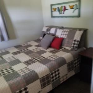 una camera da letto con un letto con una coperta e cuscini di Castaways Cottage on Croton Pond #2 a Newaygo