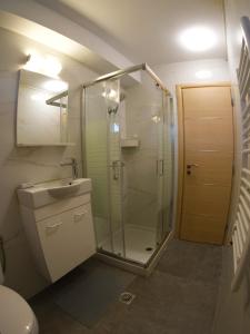 The Lemoni House -Skyathos- 1-bedroom apartment في مدينة سكياثوس: حمام مع دش ومغسلة ومرحاض