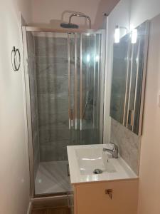 un bagno con lavandino e doccia di Cœur de ville a Lens