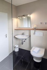 a bathroom with a sink and a toilet and a mirror at Alembra - Hotel zur Moselbrücke in Schweich +37 photos