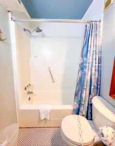 a bathroom with a shower and a toilet and a tub at Seascape Retreat in Tybee Island