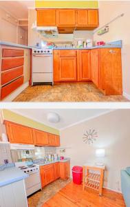 two pictures of a kitchen with wooden cabinets at Seascape Retreat in Tybee Island +2 photos