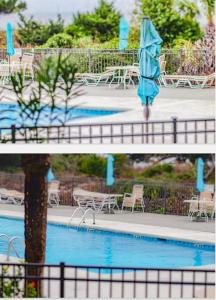 two pictures of a pool with an umbrella and chairs at Seascape Retreat in Tybee Island