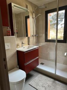 une salle de bains avec toilettes, lavabo et douche dans l'établissement Campanules, à Courchevel