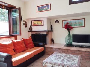 a living room with a couch and a fireplace at Masaya house in Ronciglione