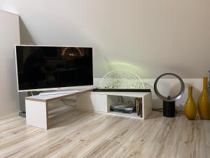 a living room with a flat screen tv on a stand at Ferienwohnung Stützengrün in Stützengrün