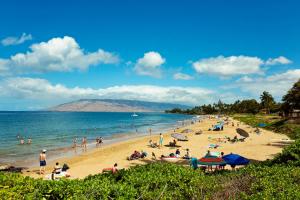 a group of people on a beach near the water at Stylish Maui Loft Split AC Ocean Views Lanai in Kihei