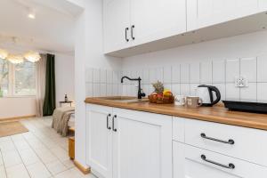 a kitchen with white cabinets and a counter top at W deSki dom apartamenty in Krzyżowa