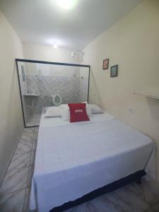 a bed in a room with a red pillow on it at Pousada Deus Provera in Maceió