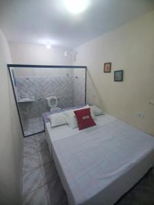 a bed with a red pillow on it in a room at Pousada Deus Provera in Maceió