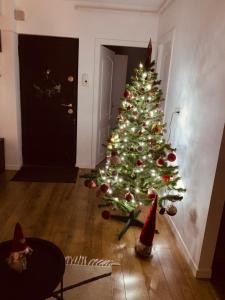 Ein Weihnachtsbaum im Wohnzimmer mit Weihnachtsmann-Dekorationen in der Unterkunft Iris Apartment in Piatra Neamţ