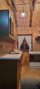 a kitchen with wooden cabinets and a counter top at Planinska kuca Gogo in Kupres