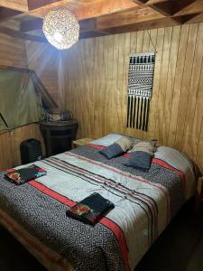 a bedroom with a bed with pillows on it at Cabaña Domo Bosque Escondido in Recinto +24 photos