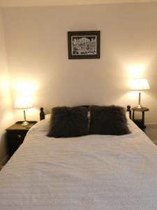 a bedroom with a large bed with two lamps at Fern Villa in Conwy