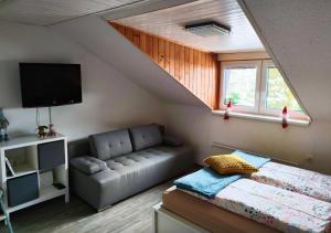 Camera con letto, divano e TV. di Apartment Misty Forest a Kranjska Gora