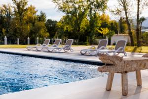 a row of chairs sitting next to a swimming pool at Finca las Pecas in Zambra
