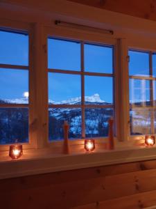een raam met kerstverlichting en uitzicht op de bergen bij Koselig hytte på Beito in Beitostøl