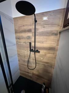 a shower head in a bathroom with a wooden wall at Nocciolino Home in Suzzara +22 photos