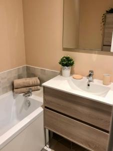 ein Badezimmer mit Waschbecken und Badewanne mit einer Pflanze in der Unterkunft Appartement 3 chambres 6 pers in Saint-Josse