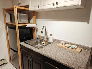 a kitchen counter with a sink and a microwave at Cozy Commercial Oasis - Private Entrance Studio in Vancouver +7 photos