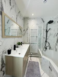 a bathroom with a sink and a tub and a shower at Champagne Haven Elegant Stay in City Center in Épernay +22 photos