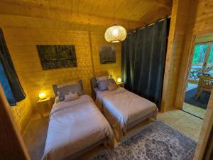 a bedroom with two beds and a chandelier at Havre champêtre, maison et chalet in Guerville