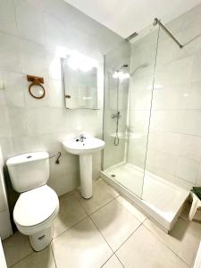 a bathroom with a toilet and a shower and a sink at VUT de uso turístico Las Palomas in Arenas de San Pedro