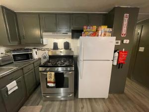 a kitchen with green cabinets and a white refrigerator at USS Clarkston Home in Willie Run Airport +9 photos