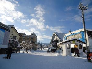 uma rua coberta de neve numa cidade com edifícios em Hotel New Fukudaya em Minami Uonuma