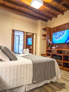 a bedroom with a bed and a flat screen tv at Pousada Valle Paradiso in Praia do Rosa