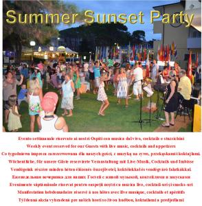 a flyer for a summer sunset party with a group of people at Lignano Pineta in Lignano Sabbiadoro