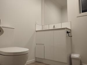 a white bathroom with a toilet and a sink at Rural Lifestyle Retreat in Bunnythorpe +1 photo