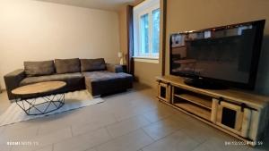 a living room with a couch and a flat screen tv at La Renardière in Labaroche