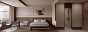 Rúm í herbergi á Maiyue Hotel-Xi`an Zhonggulou