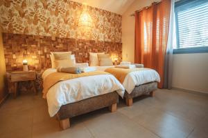 a bedroom with two twin beds and a window at Villa Bo'M Bleue in Petite Île