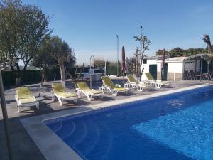a group of lounge chairs and a swimming pool at Villa Turística Miguel in Pulianas