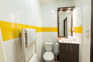 a bathroom with a toilet and a sink and a mirror at Comfort Aparthotel Nimes Centre in Nîmes +49 photos